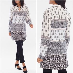Chico’s Boho Print Button Down Crafted Longline Striped Tunic Blouse Top